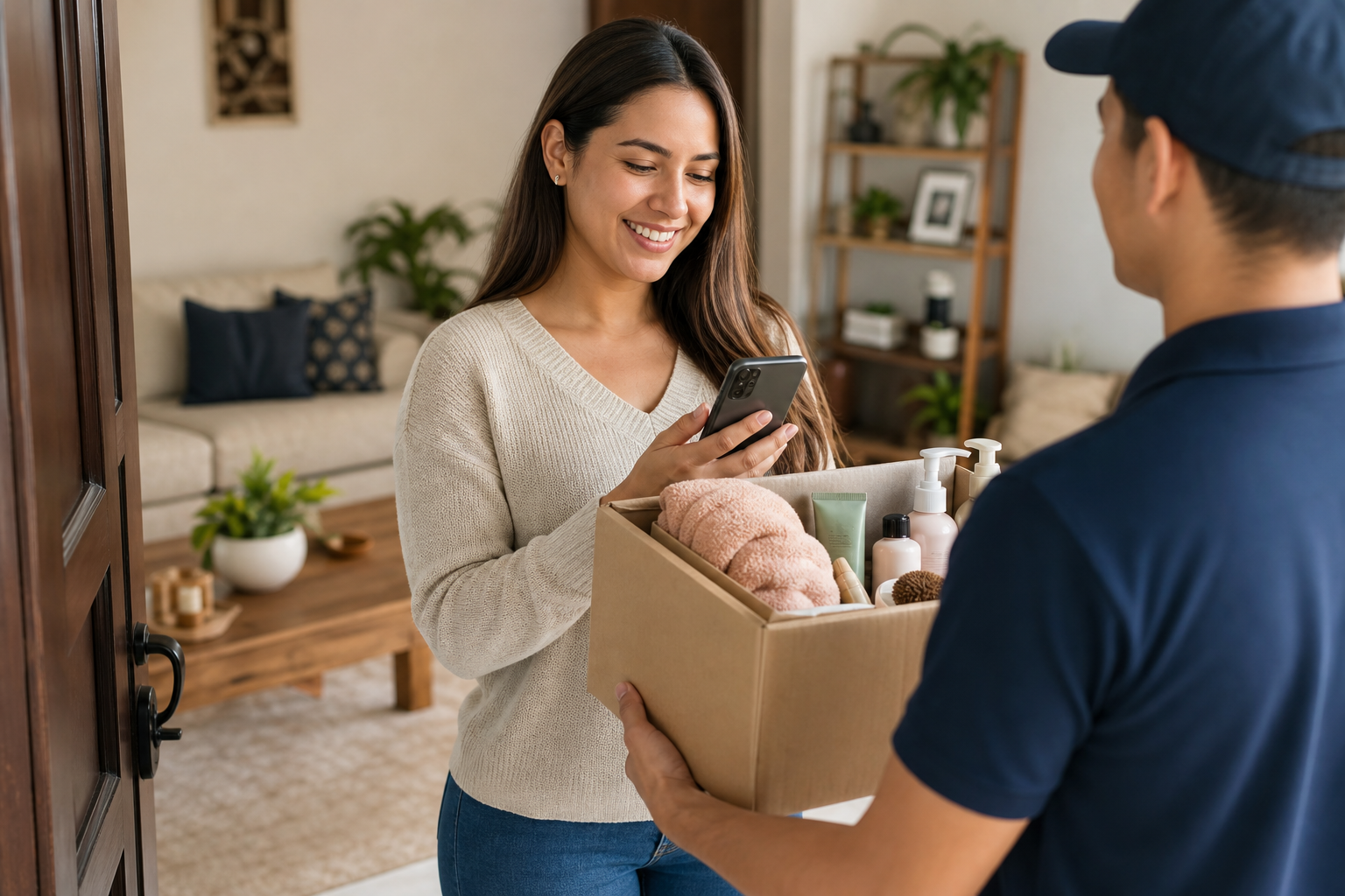 Cliente recibiendo pedido Homira mientras confirma la compra desde su telefono
